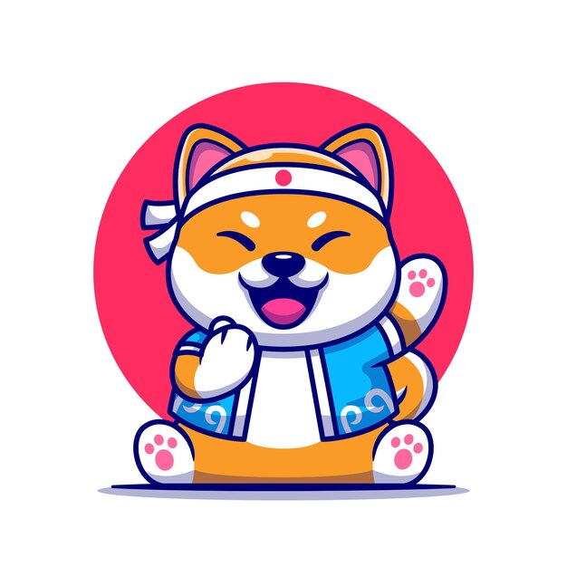 Cute Shiba Inu Dog With Japanese Costume Cartoon Illustration.