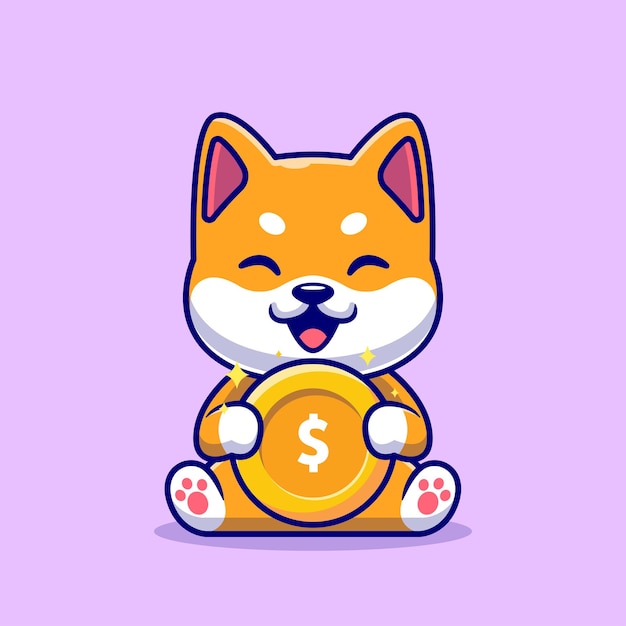 Cute Shiba Inu Holding Gold Coin Cartoon Vector Icon Illustration. Animal Finance Icon Concept