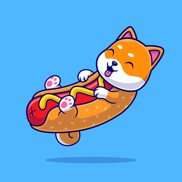 Cute Shiba Inu Hotdog Cartoon Vector Icon Illustration. Animal Food Icon Concept Isolated Premium Vector. Flat Cartoon Style