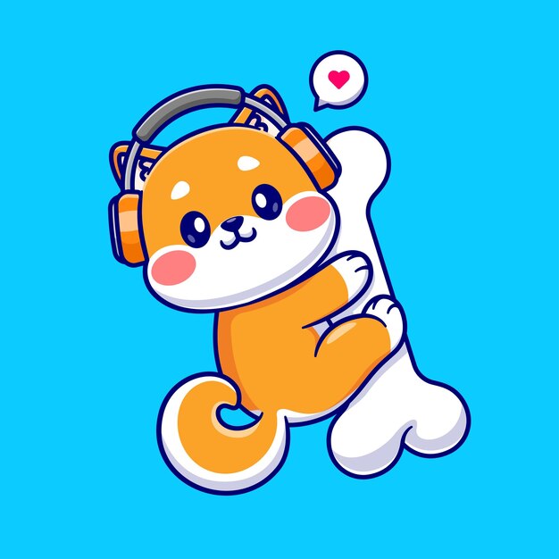 Cute Shiba Inu Hug Bone With Headphone Cartoon Vector Icon Illustration Animal Nature Icon Isolated