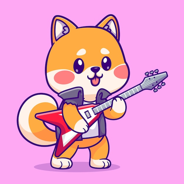 Free vector cute shiba inu playing electric guitar cartoon vector icon illustration animal music icon isolated