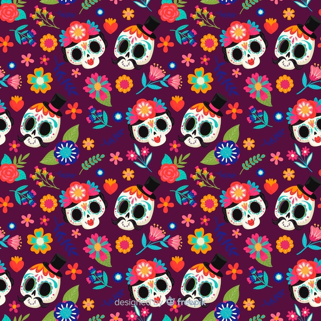 Cute skull couples hand drawn día de muertos pattern