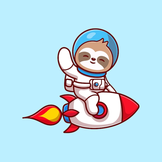 Cute Sloth Astronaut Riding Rocket And Waving Hand Cartoon Vector Icon Illustration. Animal Technology Icon Concept Isolated Premium Vector. Flat Cartoon Style