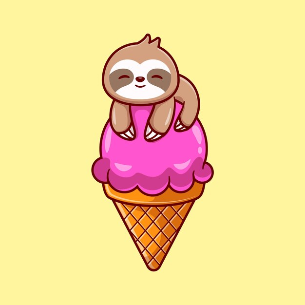 Cute Sloth On Ice Cream Cone Cartoon   Illustration. Animal Drink  Concept Isolated  . Flat Cartoon Style