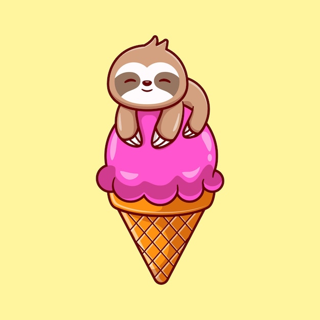 Cute Sloth On Ice Cream Cone Cartoon   Illustration. Animal Drink  Concept Isolated  . Flat Cartoon Style