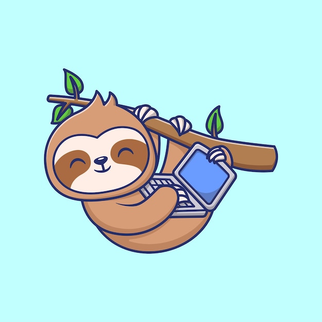 Free Vector cute sloth playing laptop on tree cartoon vector icon illustration animal technology icon isolated