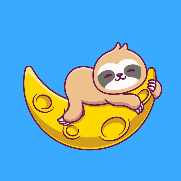 Cute Sloth Sleeping On Sickle Moon Cartoon Icon Illustration.