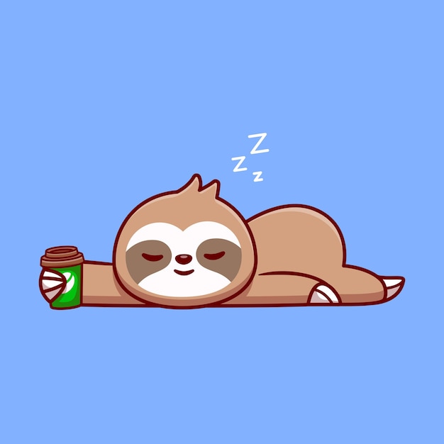 Cute Sloth Sleeping With Coffee Cup Cartoon Vector Icon Illustration. Animal Drink Icon Concept Isolated Premium Vector. Flat Cartoon Style