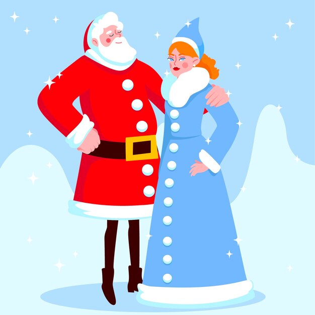 Cute snow maiden character with santa claus