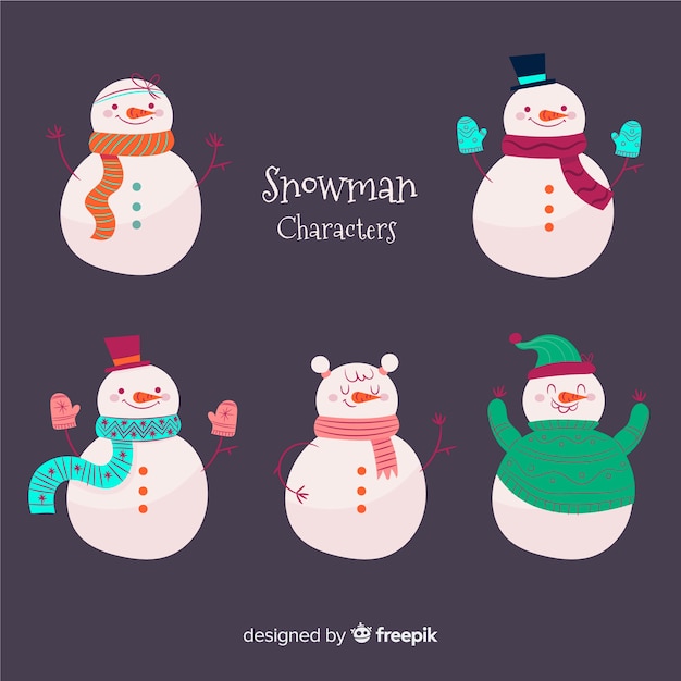 Free vector cute snowmen collection with winter clothes