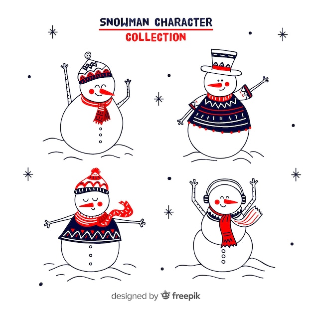 Free Vector cute snowmen hand drawn collection with winter clothes