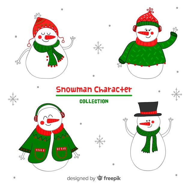 Free vector cute snowmen hand drawn collection with winter clothes