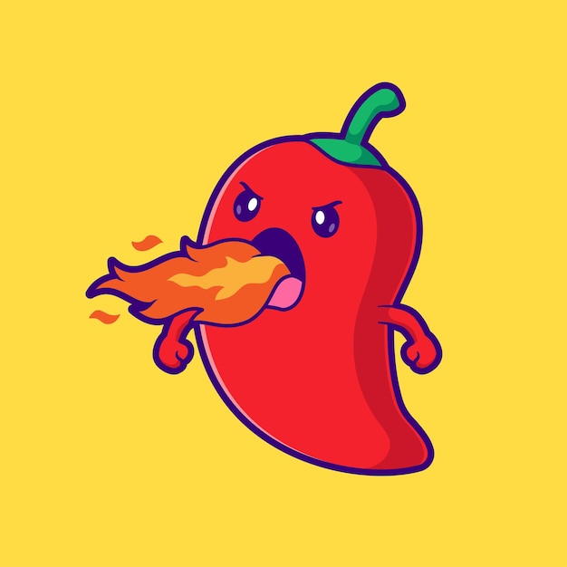 Free vector cute spicy chili pepper with flame on mouth cartoon vector icon illustration food vegetable flat