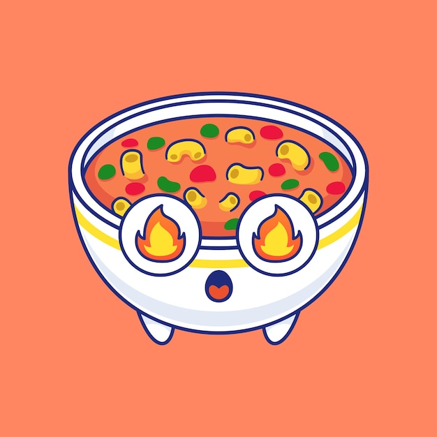 Cute Spicy Macaroni Soup In Bowl Cartoon Vector Icon Illustration Food Object Icon Isolated Flat