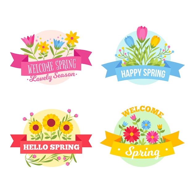 Cute spring badges with flowers and ribbons