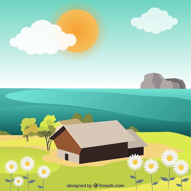 Free Vector cute spring landscape with sea