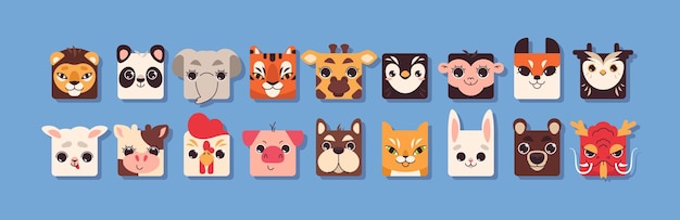 Cute square animal faces in flat style Funny kids collection head shape of pet safari and farm animals zoo elements for children Baby colorful avatars icon set for mobile ui game application