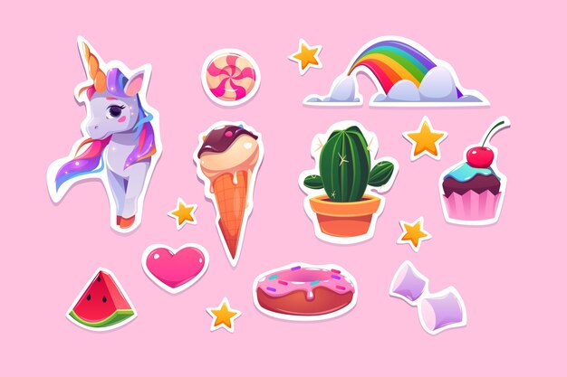 Cute stickers for girls cartoon unicorn, ice cream, rainbow and pink heart