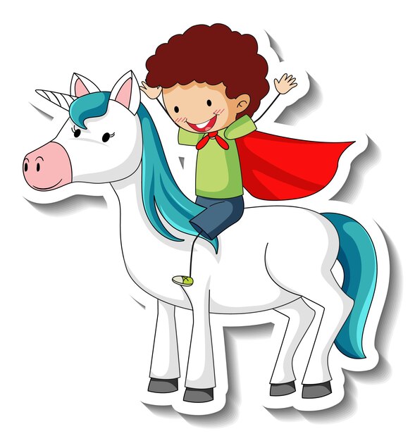 Cute stickers with a hero boy riding a unicorn cartoon character