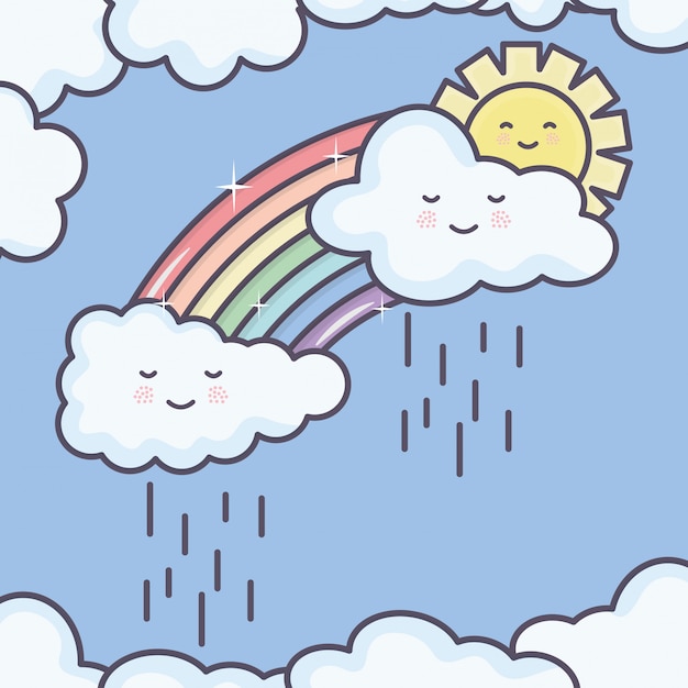 Free Vector cute summer sun and clouds rainy with rainbow kawaii characters