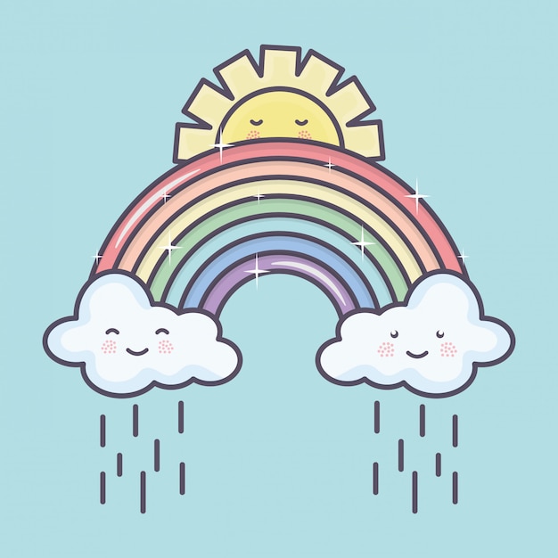 Free Vector cute summer sun and clouds rainy with rainbow kawaii characters