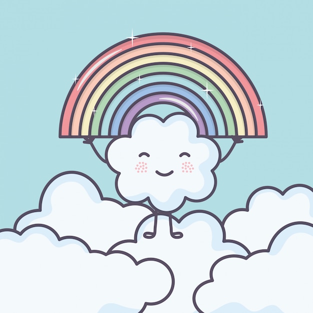 Cute summer sun and clouds with rainbow kawaii characters