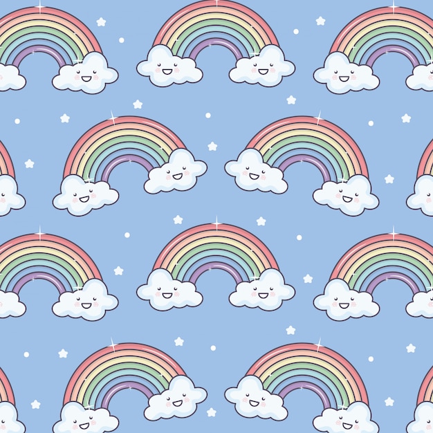 Cute summer sun and clouds with rainbow kawaii pattern