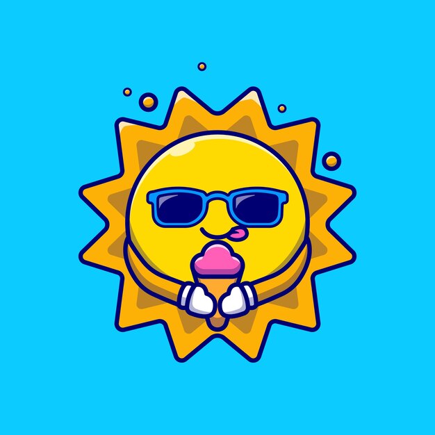 Cute Sun Wearing Glasses Eating Ice Cream Cartoon Illustration.