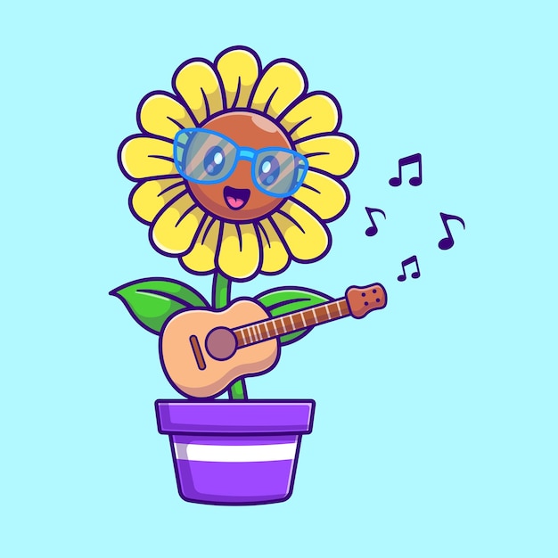 Free Vector cute sunflower playing guitar cartoon vector icon illustration. nature music icon concept isolated