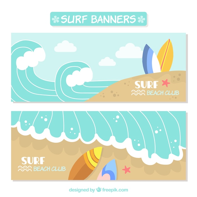 Free Vector cute surf banners with waves