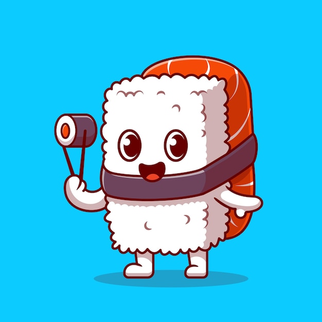 Cute Sushi Salmon Holding Chospsticks Cartoon Icon Illustration