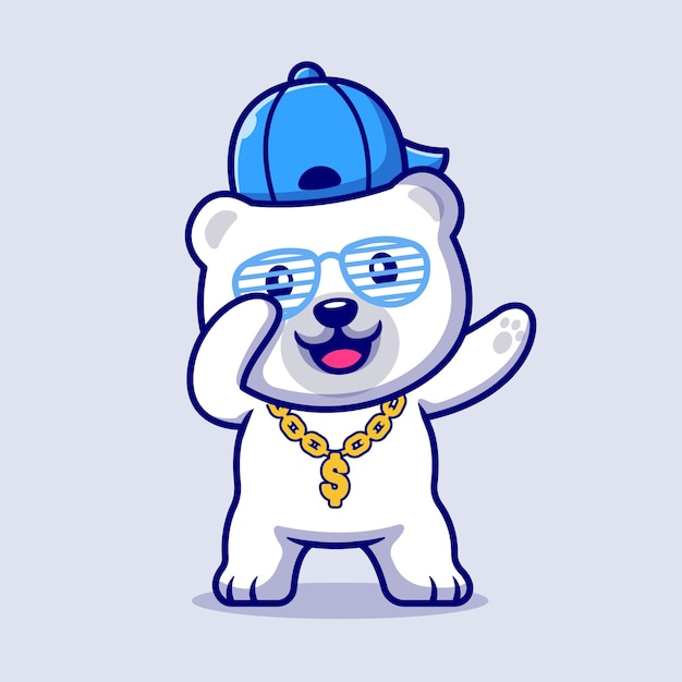 Cute Swag Polar Bear With Hat And gold chain necklace Cartoon Illustration. Flat Cartoon Style