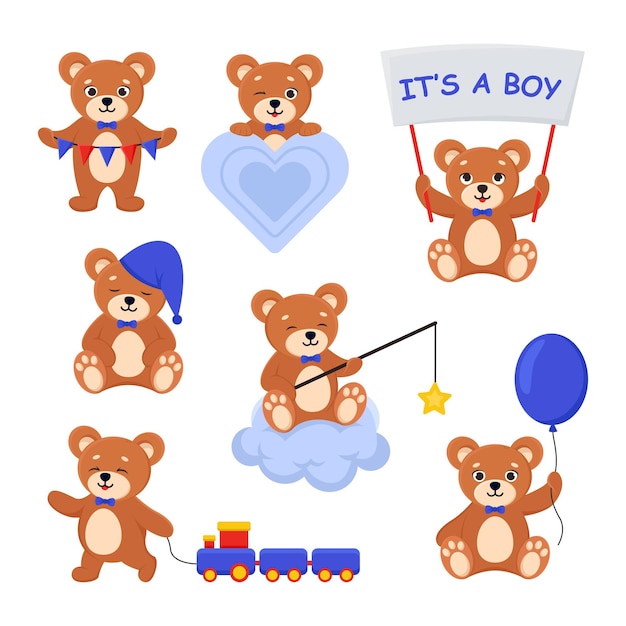 Free Vector cute teddy bear cartoon character vector illustrations set