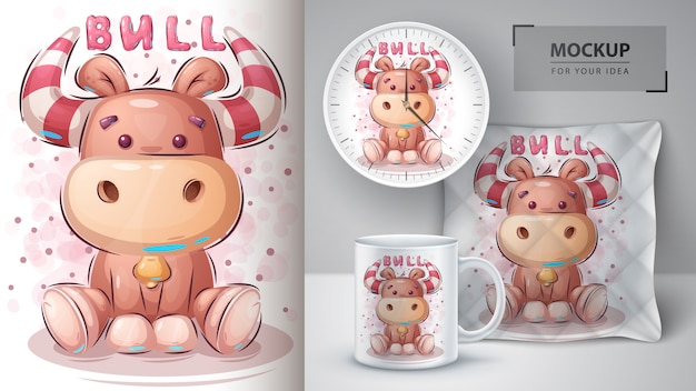 Free Vector cute teddy bull poster and merchandising