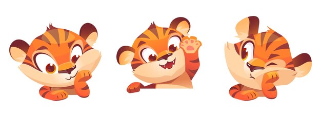 Cute tiger cartoon character funny animal cub mascot with kawaii muzzle express emotions smile boring and waving paw Wild kitten with orange striped skin isolated on white background vector set