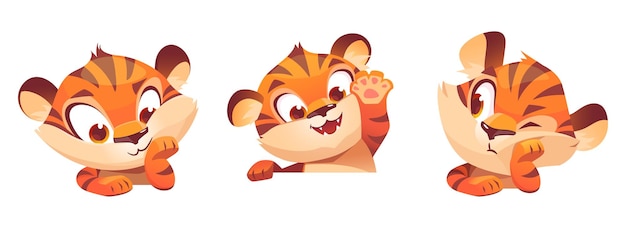 Cute tiger cartoon character funny animal cub mascot with kawaii muzzle express emotions smile boring and waving paw Wild kitten with orange striped skin isolated on white background vector set