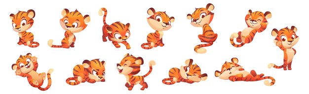 Cute tiger character wild animal mascot in different poses Vector set of cartoon funny kitten sleep play think walking and greeting Happy baby tiger isolated on white background