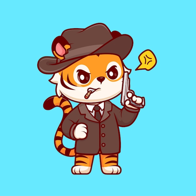 Free Vector cute tiger detective holding gun pistol cartoon vector icon illustration animal holiday isolated