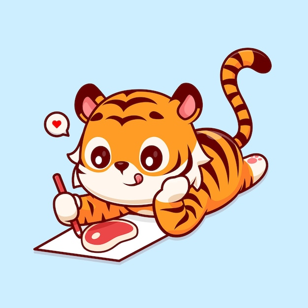 Free vector cute tiger drawing steak meat on paper cartoon vector icon illustration animal education isolated