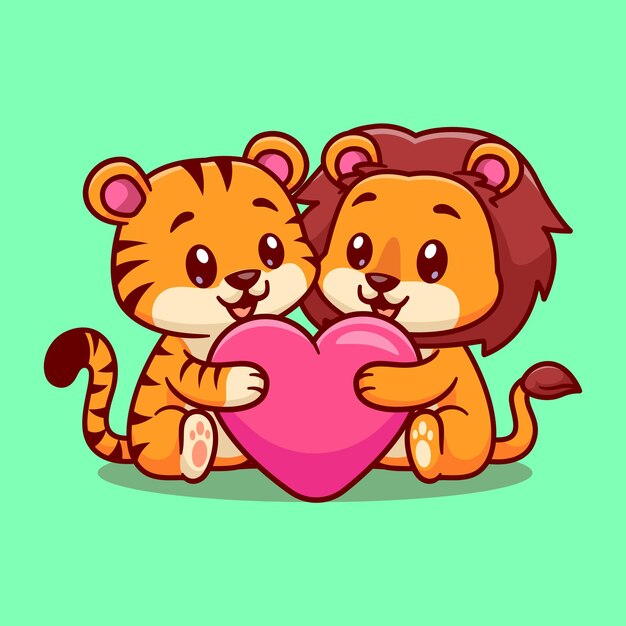 Cute Tiger And Lion Hug Love Heart Cartoon Vector Icon Illustration Animal Nature Icon Isolated