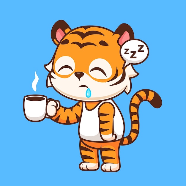 Free vector cute tiger sleepy holding coffee cartoon vector icon illustration animal drink icon isolated flat