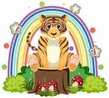 Free vector cute tiger on stump in flat cartoon style