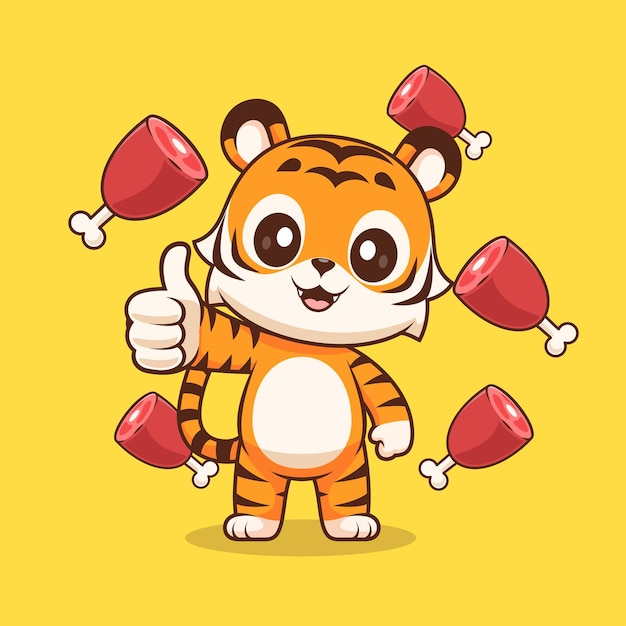 Cute Tiger Thumbs Up With Meat Cartoon Vector Icon Illustration Animal Food Icon Concept Isolated