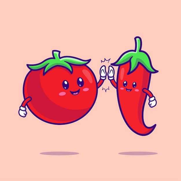 Free vector cute tomato and red chili pepper high five cartoon vector icon illustration food nature isolated