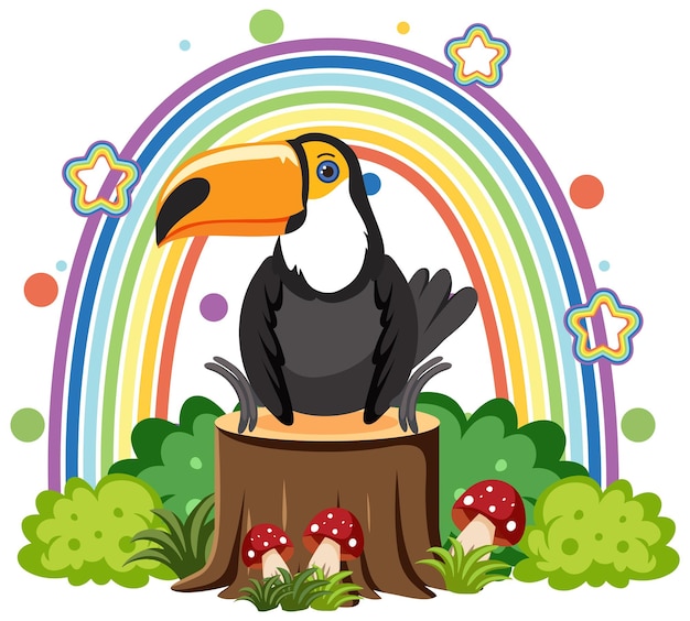 Free Vector cute toucan on stump in flat cartoon style