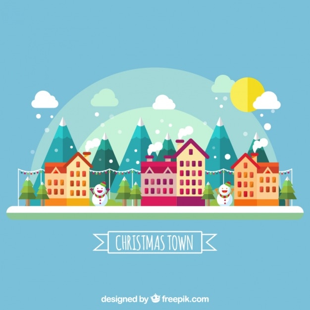 Free vector cute town with houses and mountains in flat design