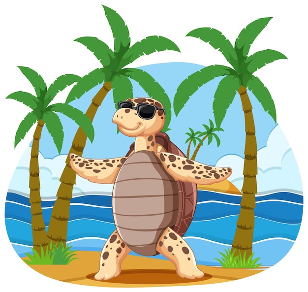 Free Vector cute turtle cartoon character at the beach