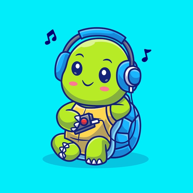 Free Vector cute turtle listening music with headphone cartoon vector icon illustration animal technology flat