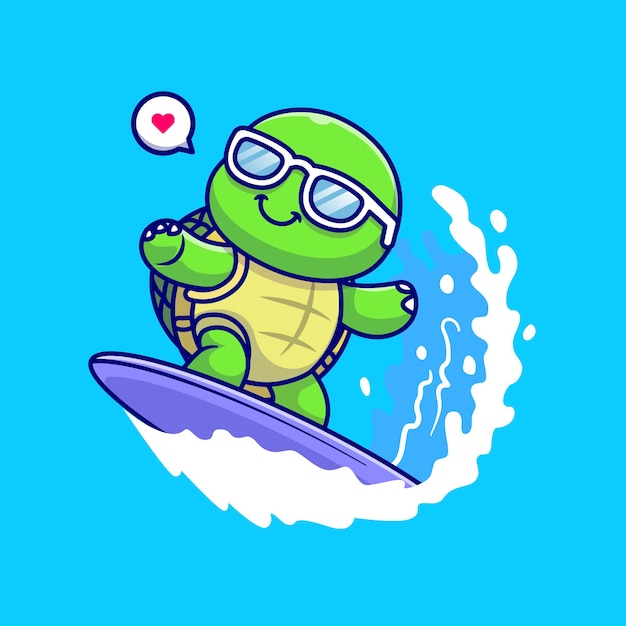 Free Vector cute turtle surfing on sea cartoon vector icon illustration. animal summer icon concept isolated