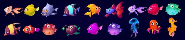 Free vector cute underwater animals fish seahorse jellyfish and octopus vector cartoon set of aquarium characters funny marine creatures puffer fish isolated on black background